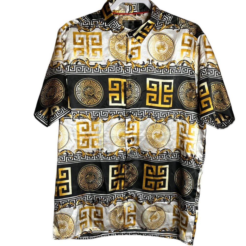 Luxury Greek Key Print Short Sleeve Button-Down Shirt - Gold & Black